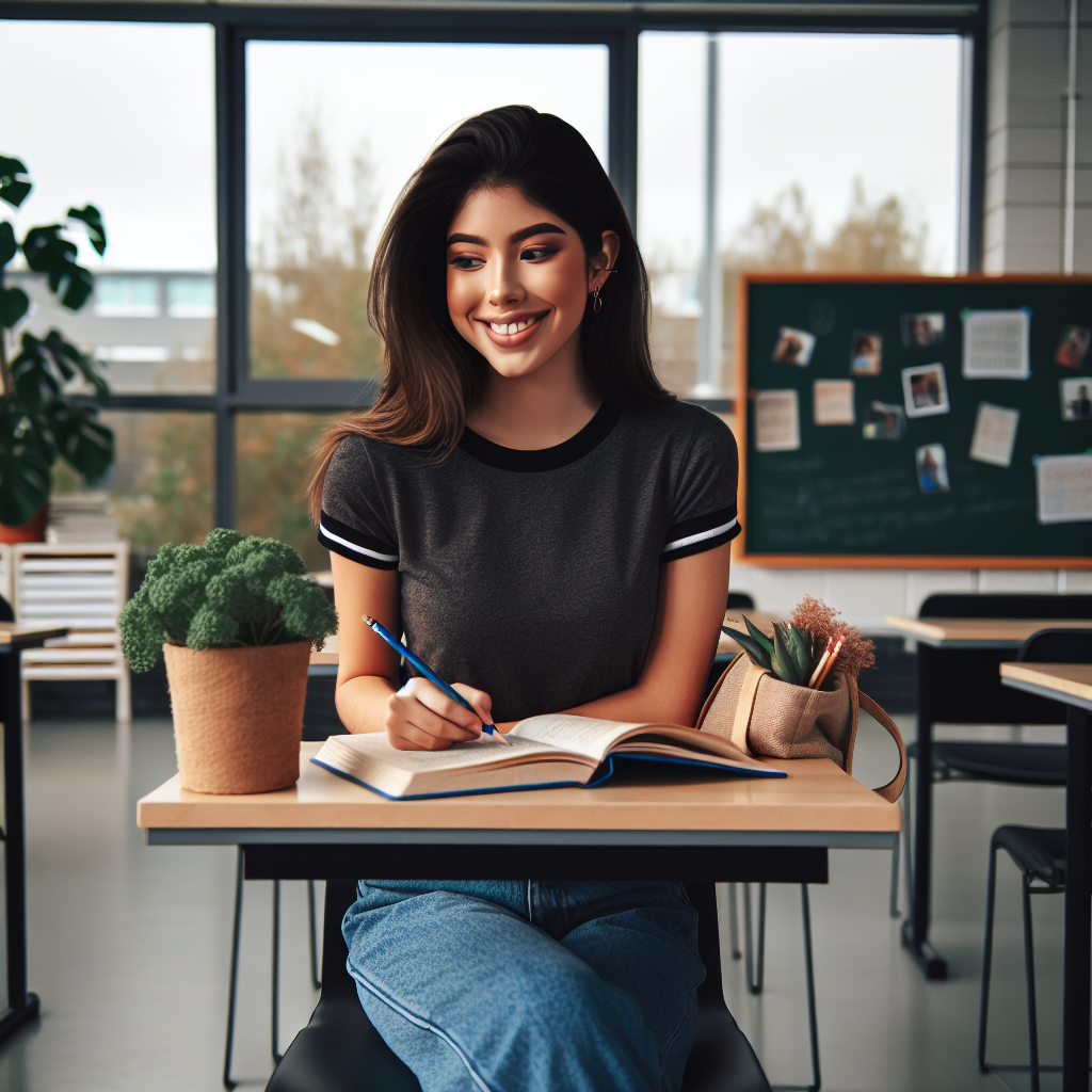 "Estudante em Bangu estudando para o supletivo de Ensino Médio, em ambiente acolhedor e focado."